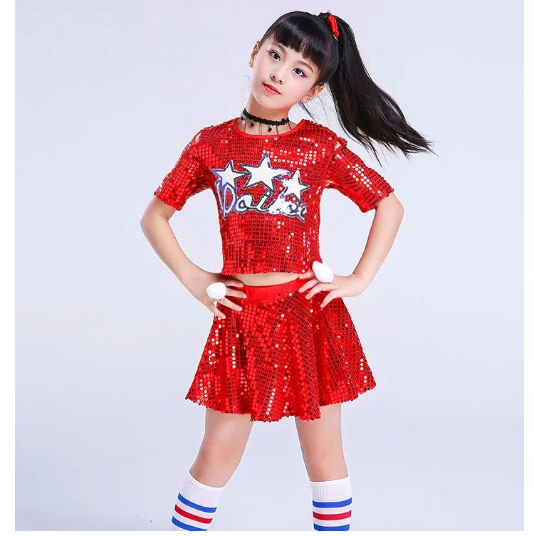 New Child Stage Jazz Dance Costumi da cheerleader moderni Hip Hop Boy Girls Crop Top e pantaloni Paillettes Jazz Dance Performance Set