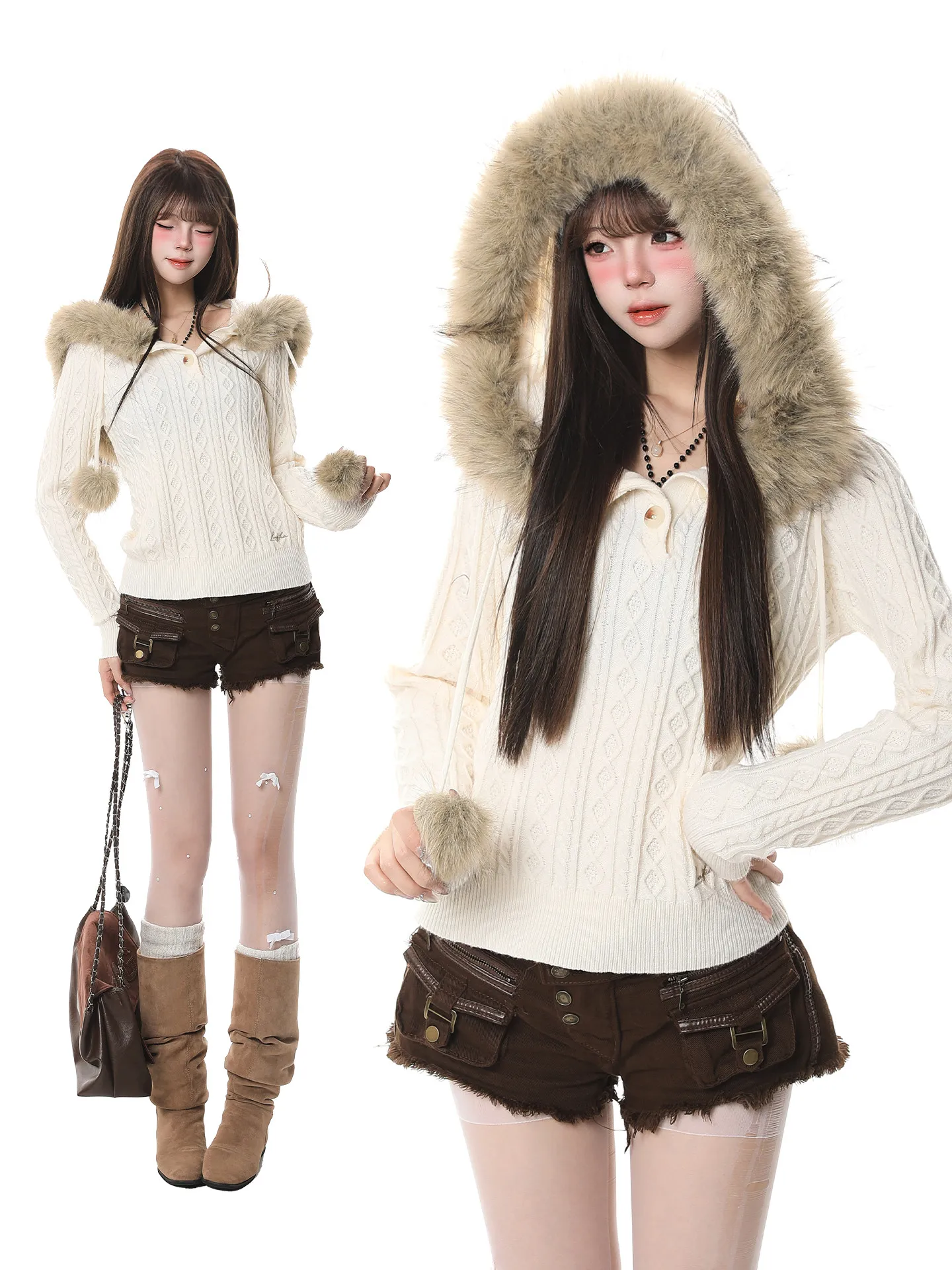 

Ретро-свитер с капюшоном в американском стиле для женщин, осенне-зимний, антивозрастной, мягкий, уютный, высококачественный, приталенный, вязаный, с круглым вырезом, длинный рукав.