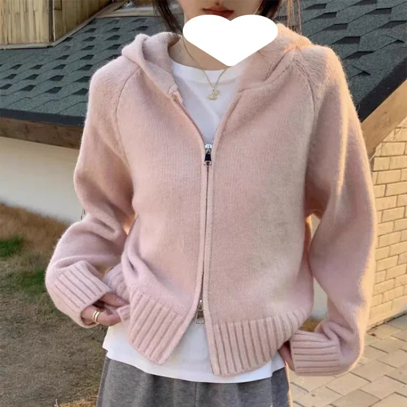 

Plus Size Korean Style Hooded Knitted Double Zipper Women's Autumn Winter Outerwear Casual Soft Sweater Jacket Large Size Coat