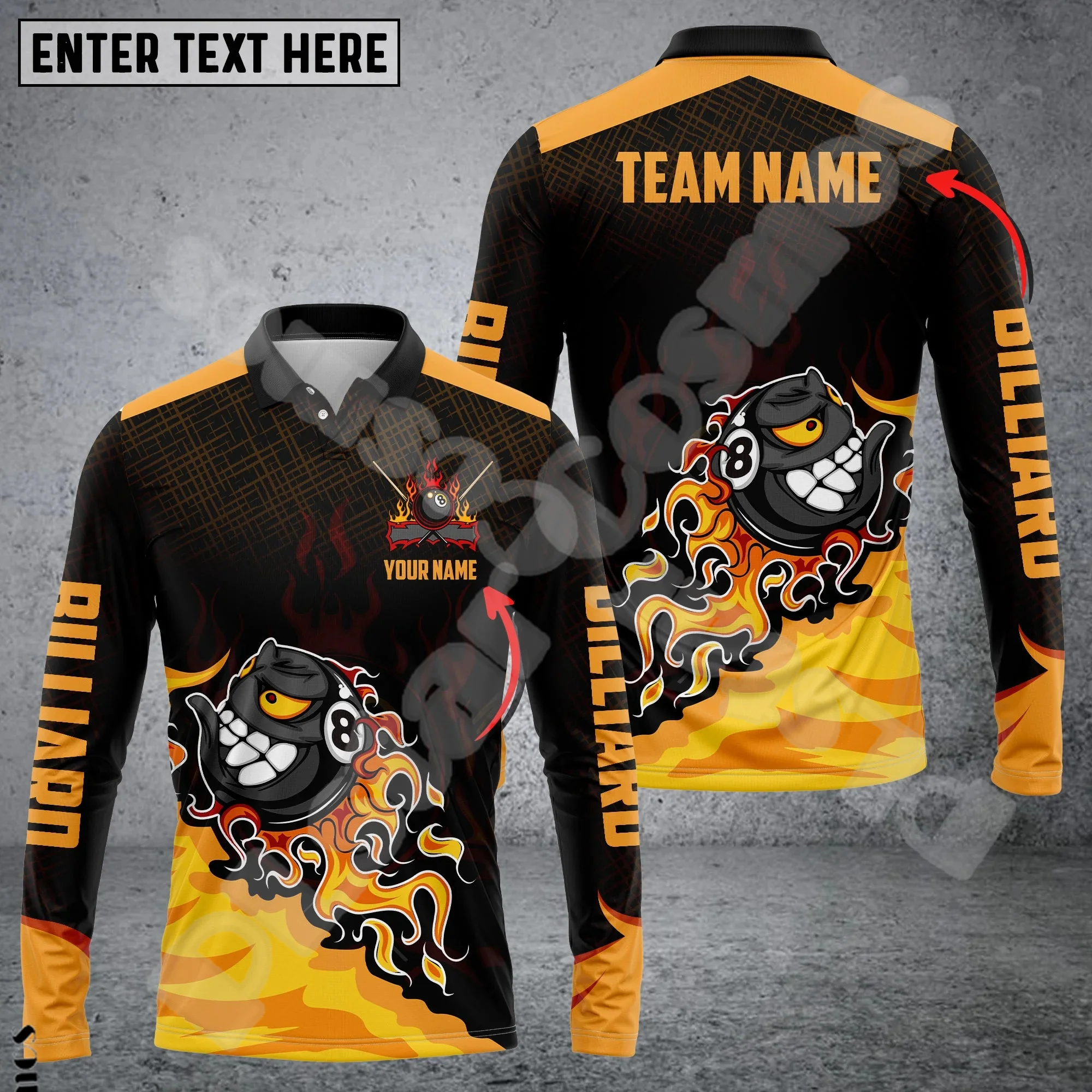 Custom Name Billiards Mesh Breathable Graffiti Flame Tattoo Retro 3DPrint Harajuku Funny Long Sleeve Polo Jersey Collar Shirts B