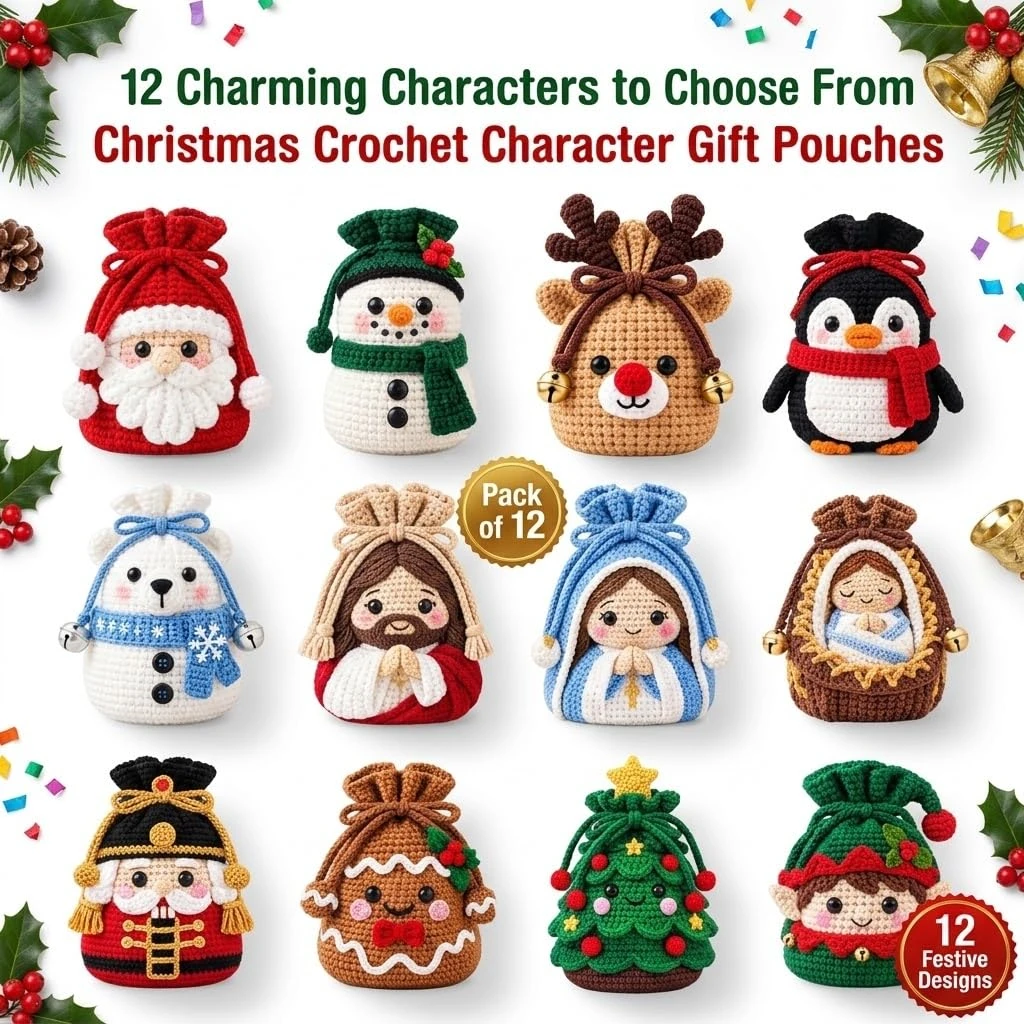 Christmas Crochet Character Gift Pouch Christmas Drawstring Gift Bags Kit Reusable Drawstring Gift Bag for kids family lovers