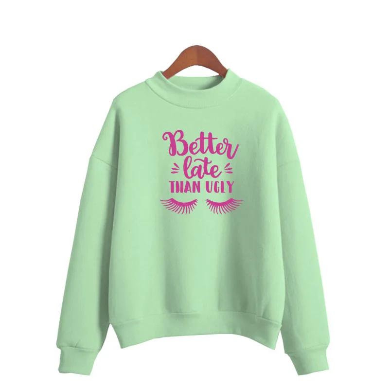 

BETTER LATE THAN UGLY EYELASH Print Women Sweatshirt Sweet Korean O-neck Knitted Pullovers Thick Autumn Candy Color girl Clothes