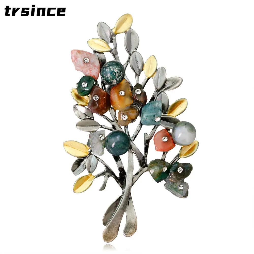 New Vintage Flower Pearl Brooches Pins Christmas Tree Brooch Natural Colored Stone Corsage Unisex Fashion Brooch Jewelry