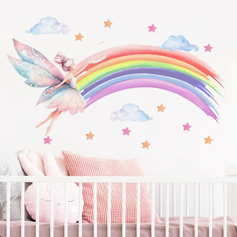 Cartoon Elf Girl Rainbow Wall Sticker Girls Room Cloud Elf Wall Sticker Children's Bedroom Decor Wallpaper Self-adhesive Decals