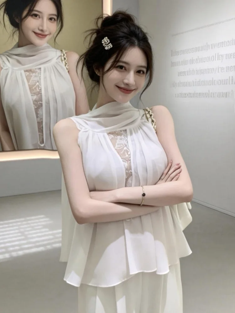 

French Sle Lace Splice Waist-Cinching Svel Vest Women's Summer New Loose Match All Polyester Fiber Ciwalk