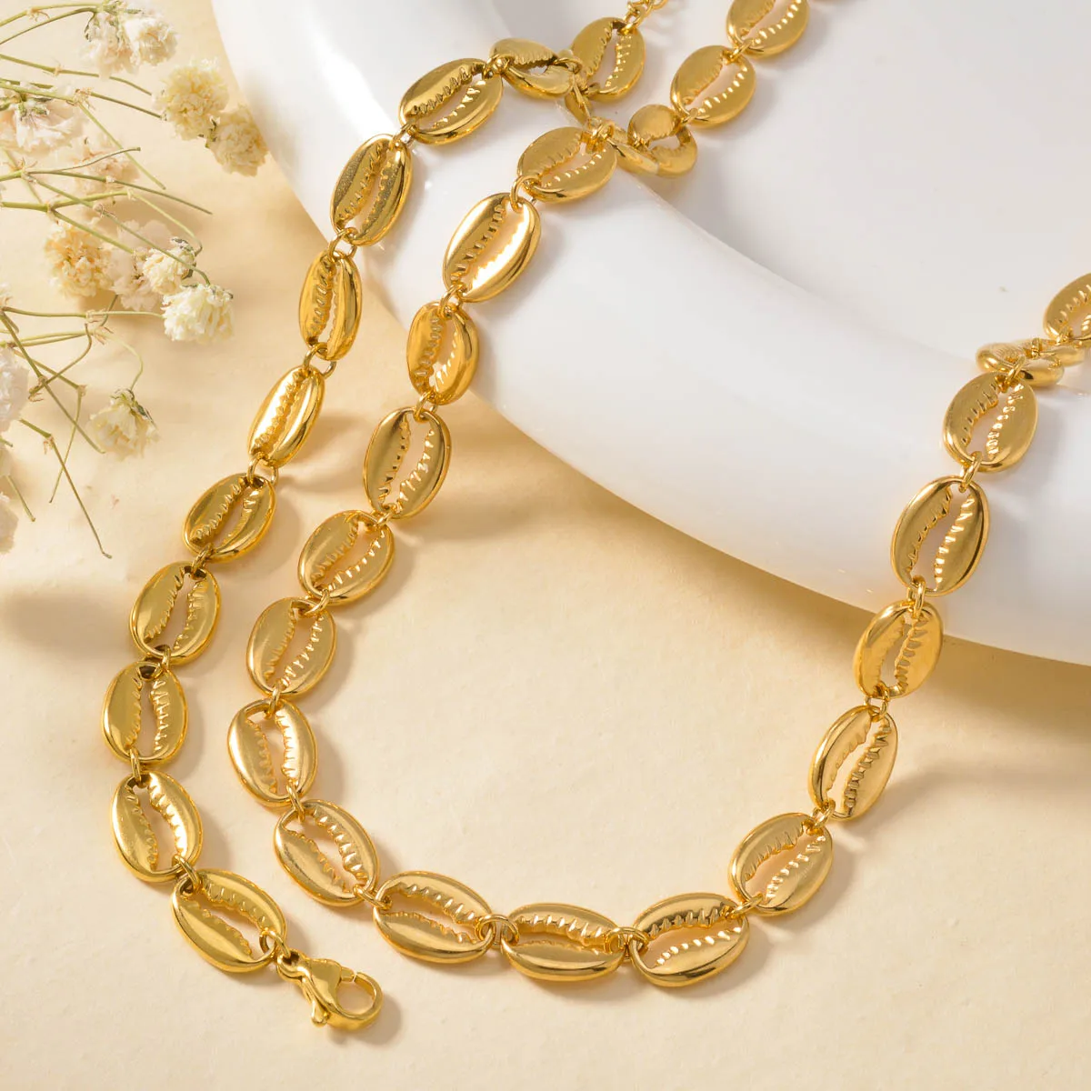 Gold Plated Stainless Steel Shell Necklace Bracelet Set