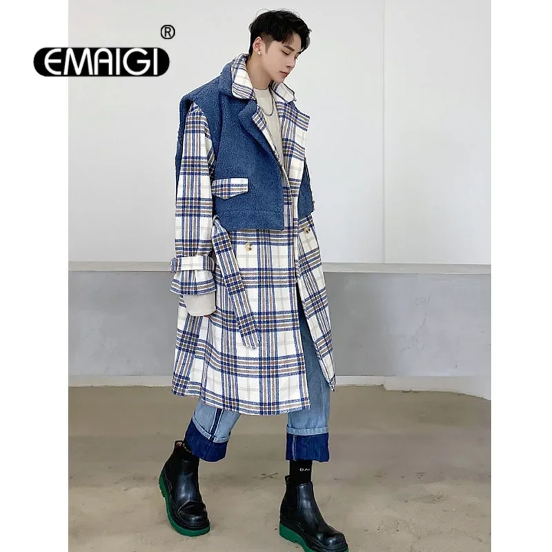 Men Double Breasted 3\\4 Long Plaid Wool Trench Coat Outerwear Male Streetwear Vintage Fashion Winter Woolen Jacket Overcoat