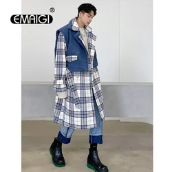 Men Double Breasted 3\4 Long Plaid Wool Trench Coat Outerwear Male Streetwear Vintage Fashion Winter Woolen Jacket Overcoat