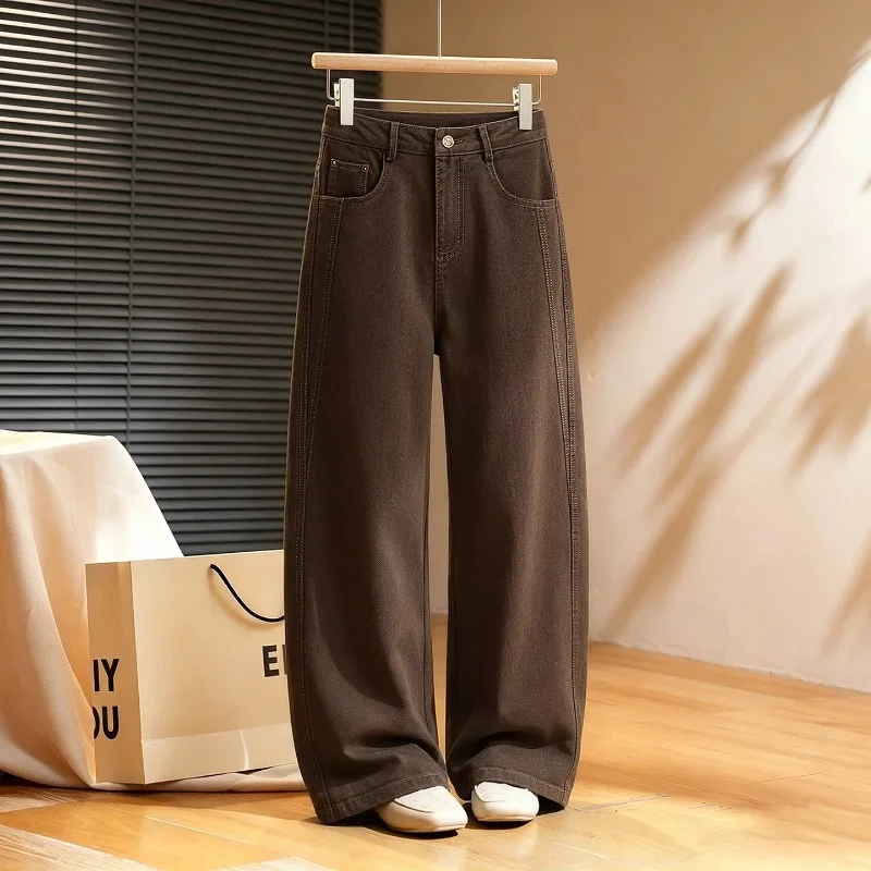 2026 Army Green Coffee Jeans Women's Washed Denim Straight Trousers Autumn Winter High-waist Sickle Wide-leg Pants Casual Jeans