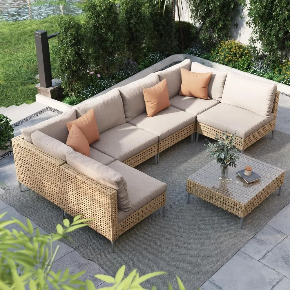 Resistente à água Outdoor Furniture Set, Almofadas grossas bege e Coffee Table, 7 PCs