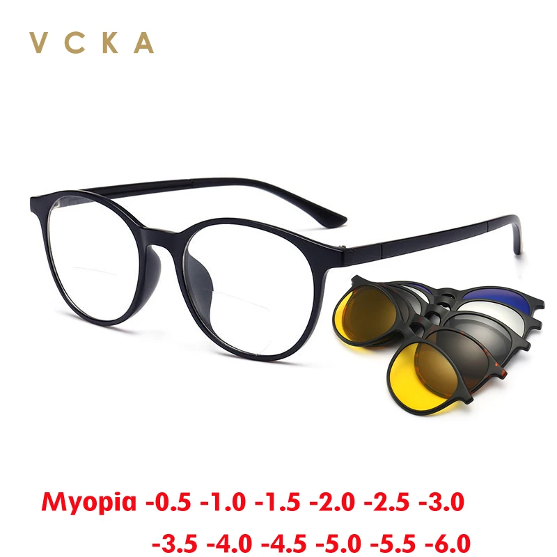 VCKA Magnet Clip Myopia Sunglasses Men Women Round Glasses Frame Prescription -0.5 to -6.0   Anti Blue Ray Computer Spectacles