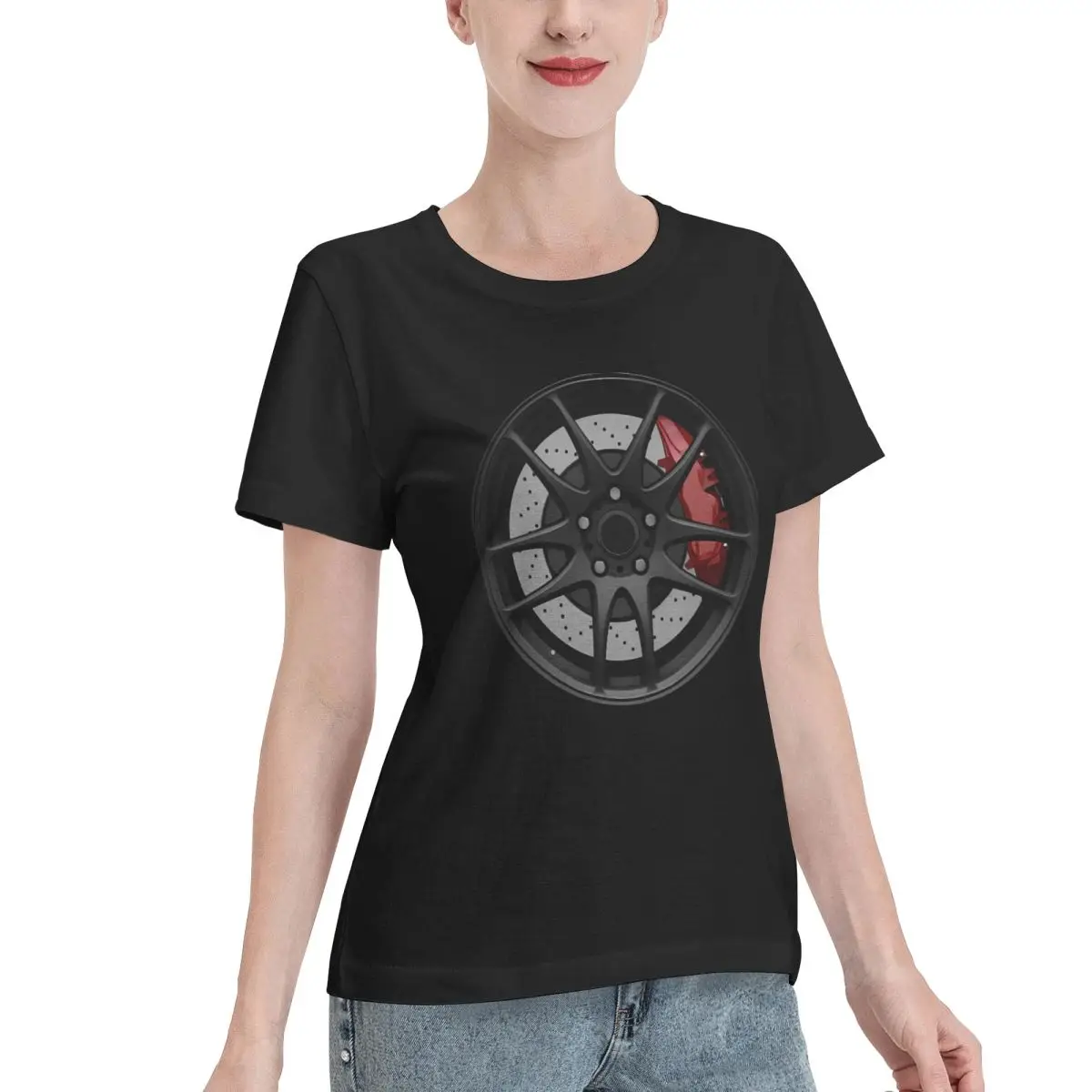 All Body Type Matte Black JDM Wheel Design Women's T-shirt Lounge Wear Loungewear Top
