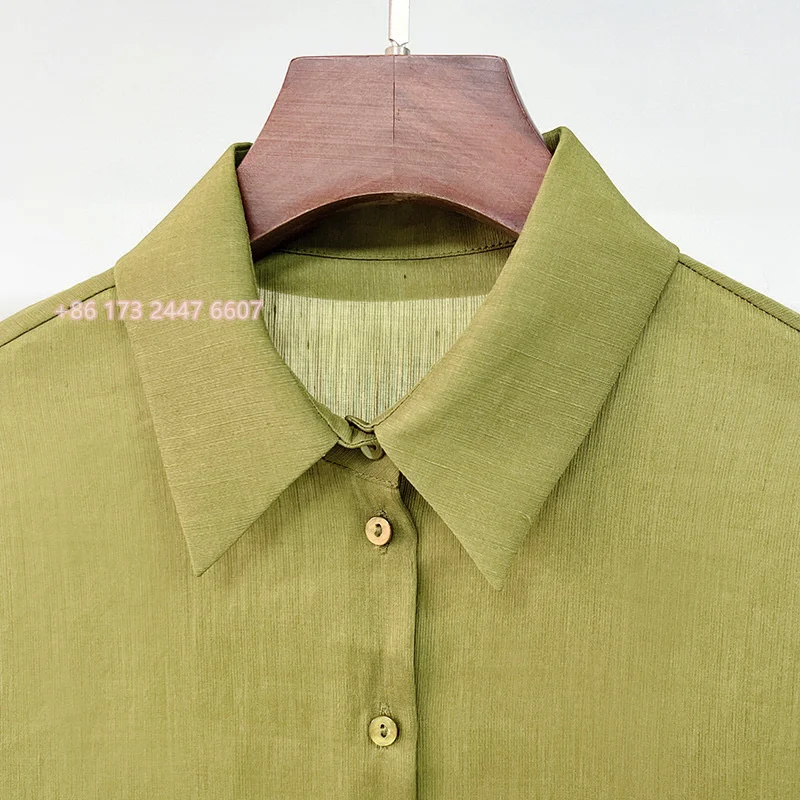 Cor* Spring/Summer Women Shirt Blouse Silk Line Full Sleeve Turndown Collar Long Length Casual Green Color Vintage Oversize