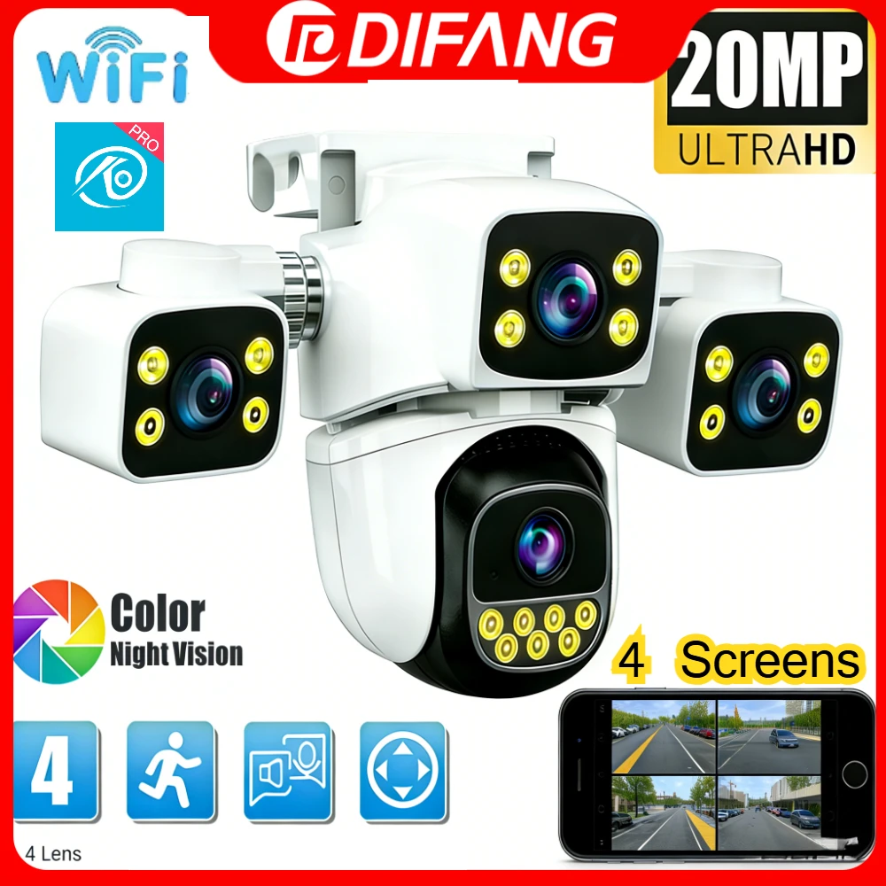 

O-kam 10K 20MP Outdoor WiFi Security Camera 4 Screen 360° 4 Lens & 5X Zoom CCTV Surveillance System Security Protection IP Cam