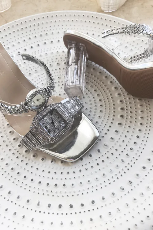 Original design Crystal watch high heels sandals women's luxury diamond bling leather clear heeled slippers party dating shoes view 3
