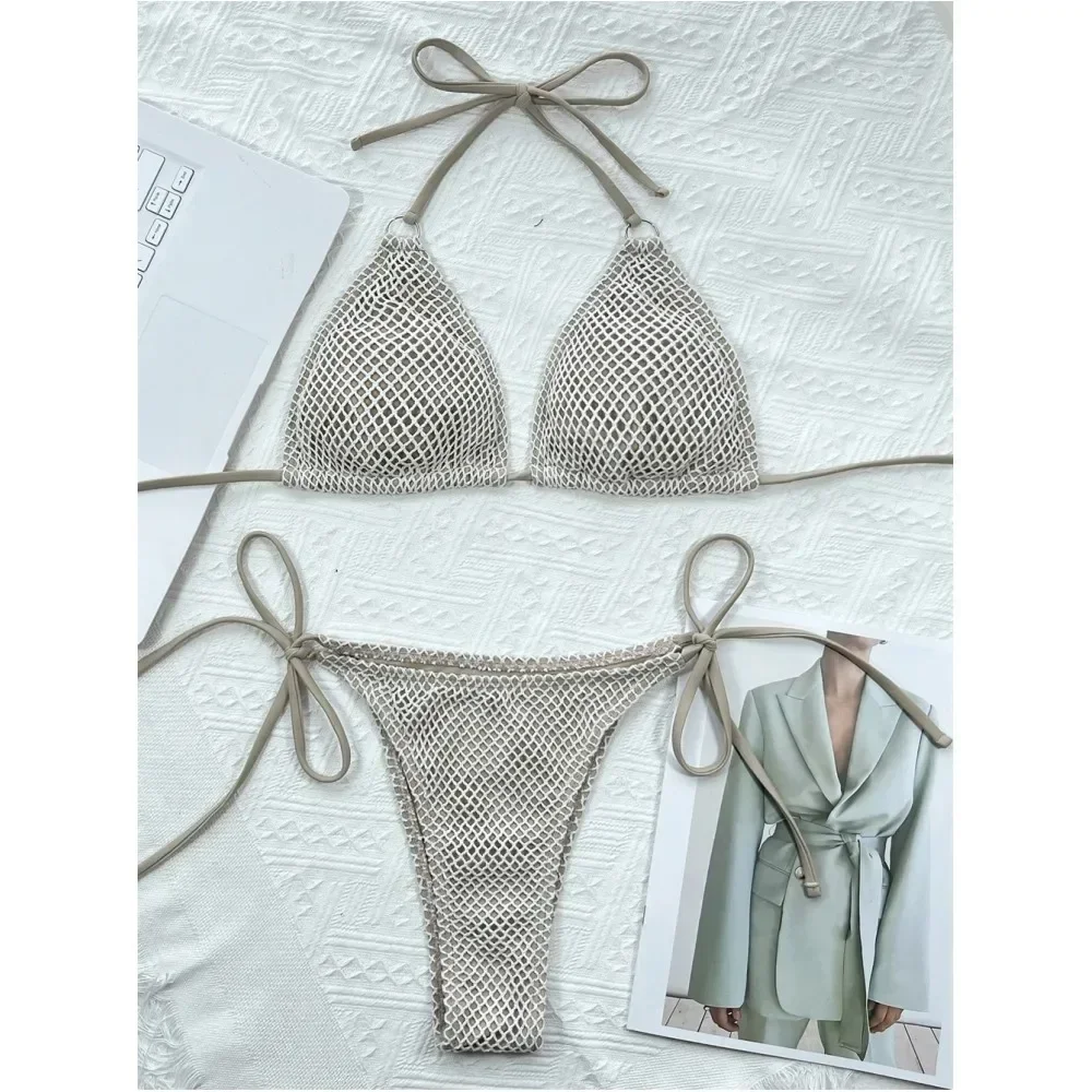 Black Mesh String Bikinis Set Women Swimsuit Backless Swimwear Split Triangle Bikini Thong Lace Up Micro Beach Wear Bathing Suit
