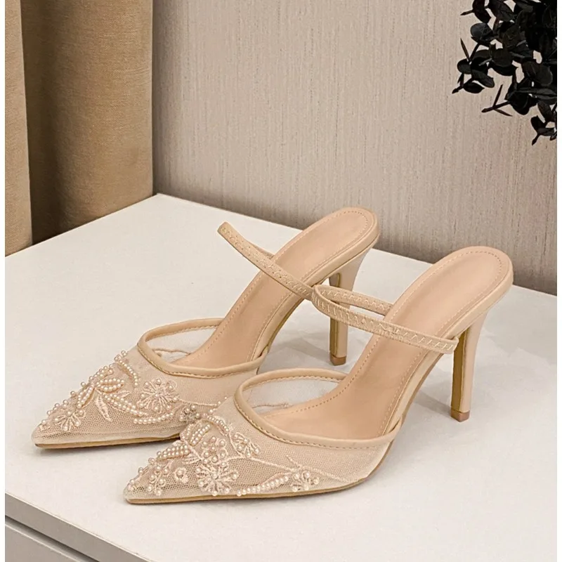 

Роскошные брендовые женские босоножки на высоком каблуке с сетчатой вышивкой, элегантные женские туфли с острым носком на пятке, дизайнерские вечерние свадебные модельные туфли