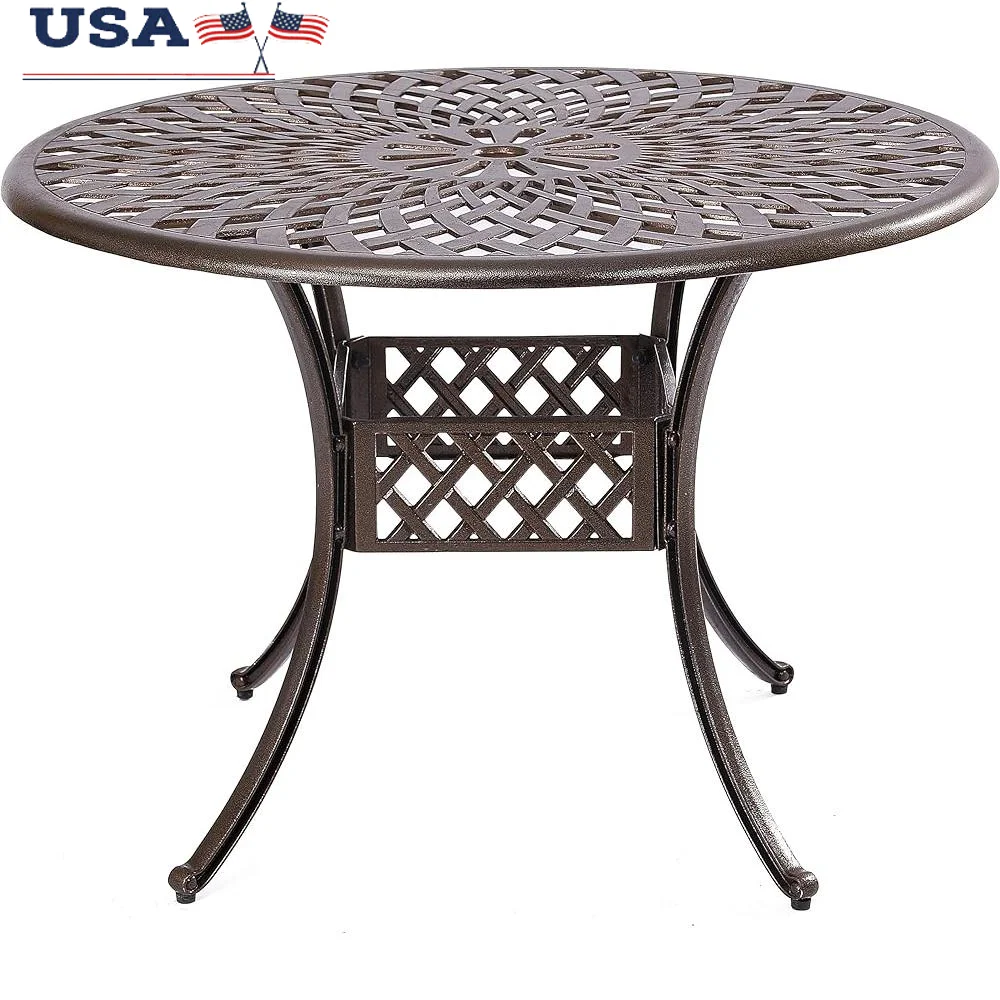 

41 Inch Round Outdoor Dining Table Cast Aluminum All Weather Resistant Garden Patio Furniture Adjustable Height Umbrella Hole