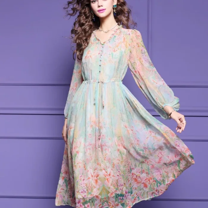 Ele Silk Dr Spring 2024 Modny, Piękny, Świąteczny, Jedwabny, Długi, Elegancki, Damski, z Nadrukiem, z Rękawami typu Latarnia