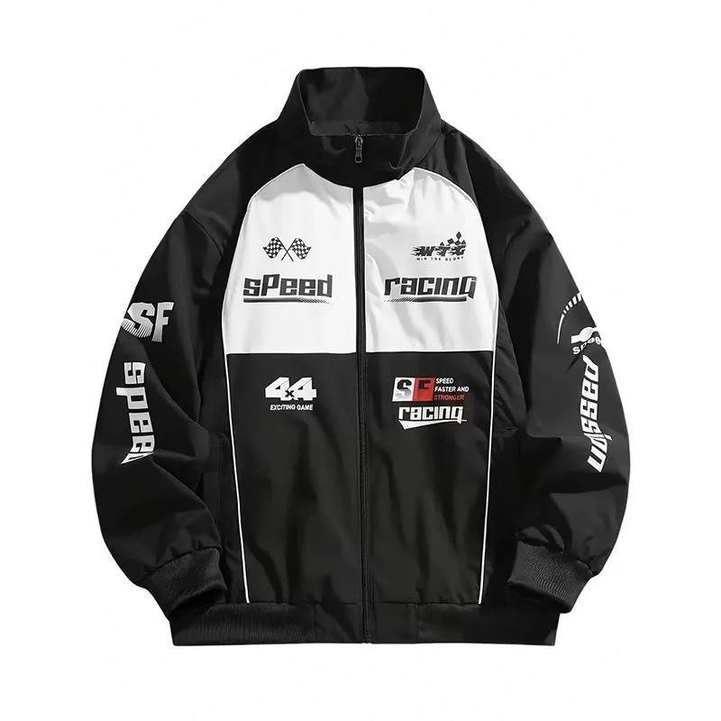 Retro Racing Jacket Men Black White Color Block Stand Collar Zip‑up Windbreaker Streetwear Motorsport Outerwear
