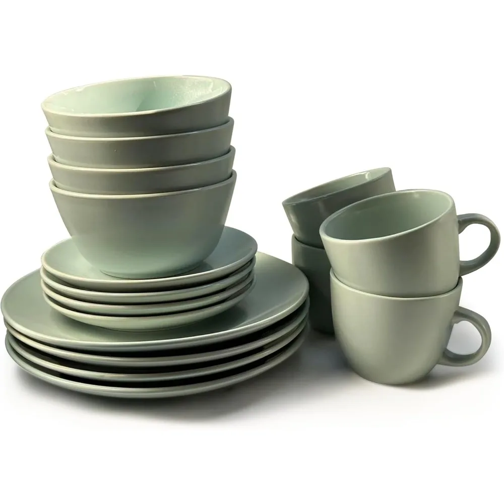 

16-Piece Khakee Stoneware Dinner Set: Plates, Bowls, and Mugs for 4 - Modern Solid Color Tableware, Microwave and Dishwasher Saf
