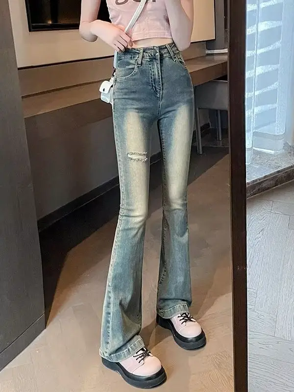 Retro High Waist Bell Bottom Jeans Women plus Size Summer Spring Washed Design Hole Skinny  Hoof Pants Casual Style