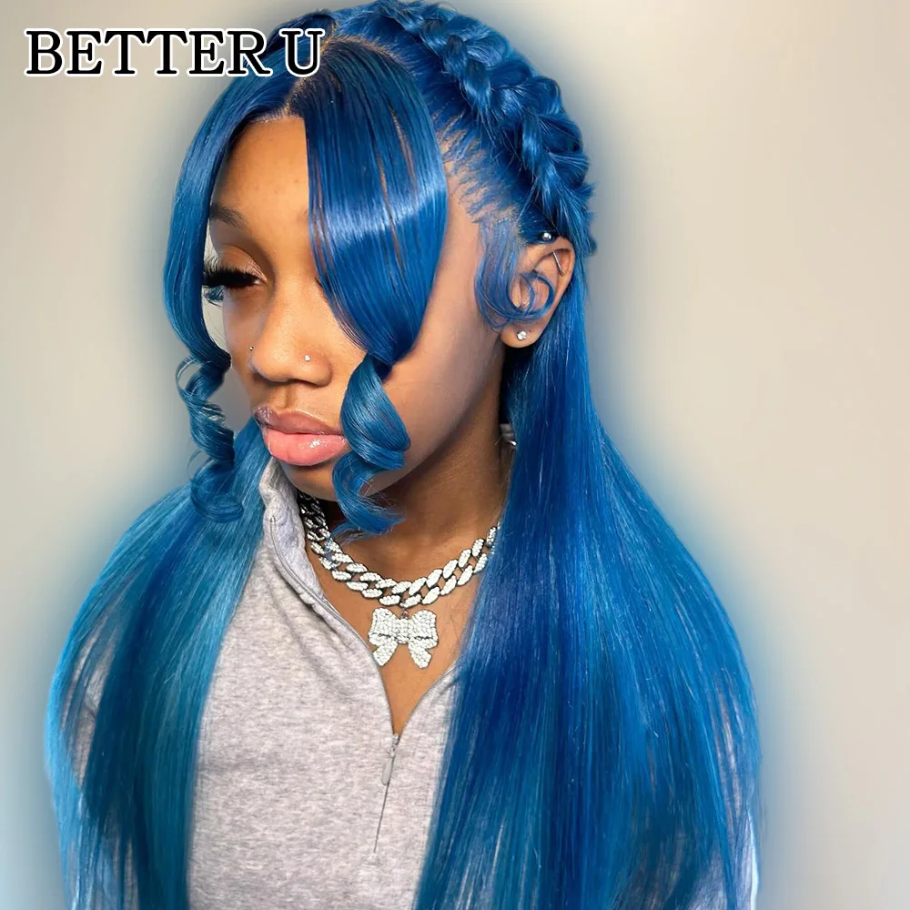 

Blue Human Hair straight 13X6 Lace Front Pre-Stretched Wig Transparent Lace Front Wig 13x4 High Gloss Wig 250 Density