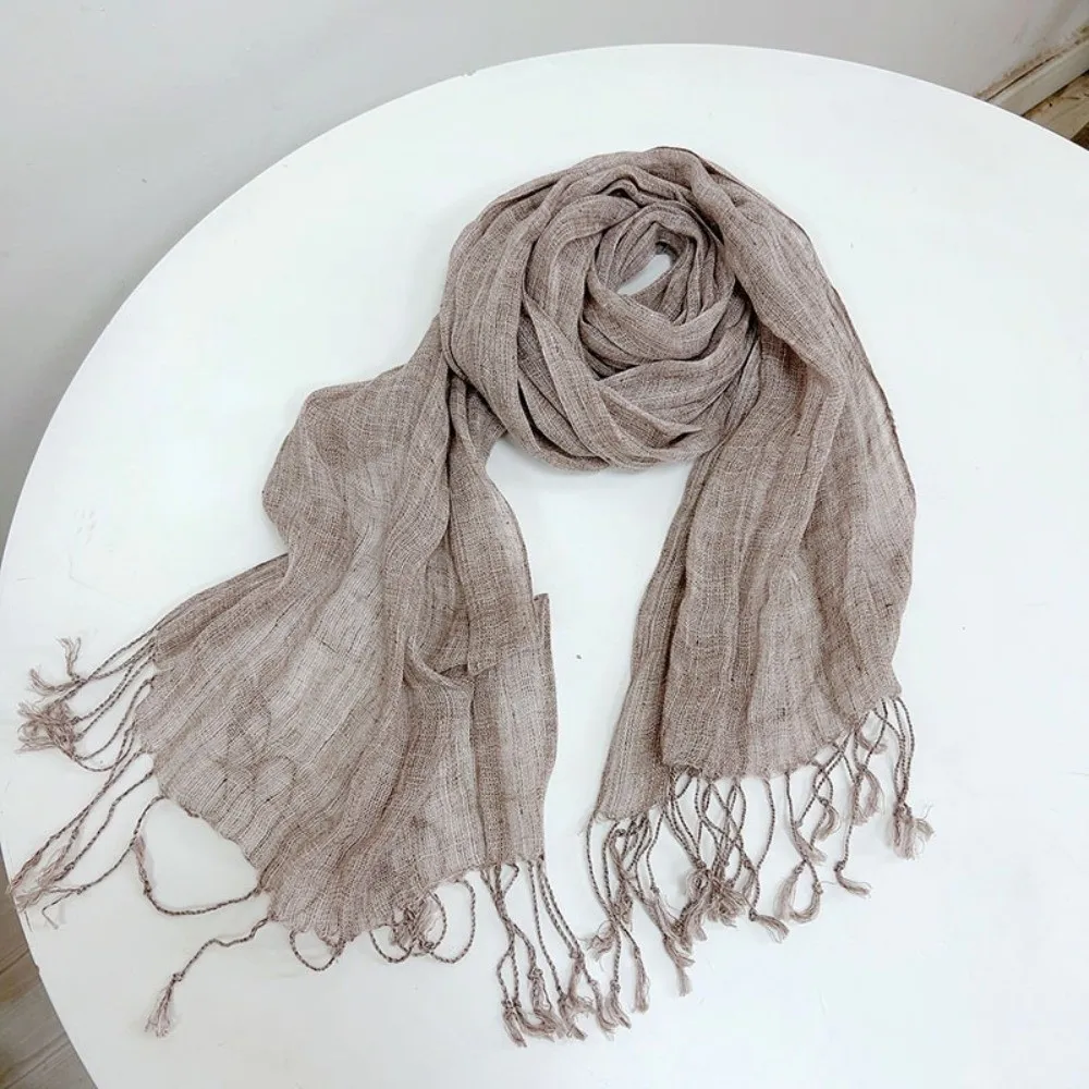 Comfortable Solid Color Pure Linen Scarf Long Tassel Breathable Shawl Wrap Sun-proof Soft Fabric Neck Scarf For Ladies