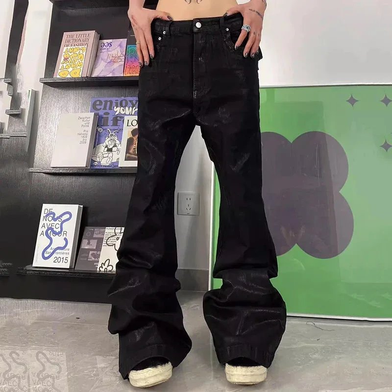 【Mirrordust】RO estilo jeans queimado masculino high street quebrado retalhos calças jeans pretas moda calças jeans soltas