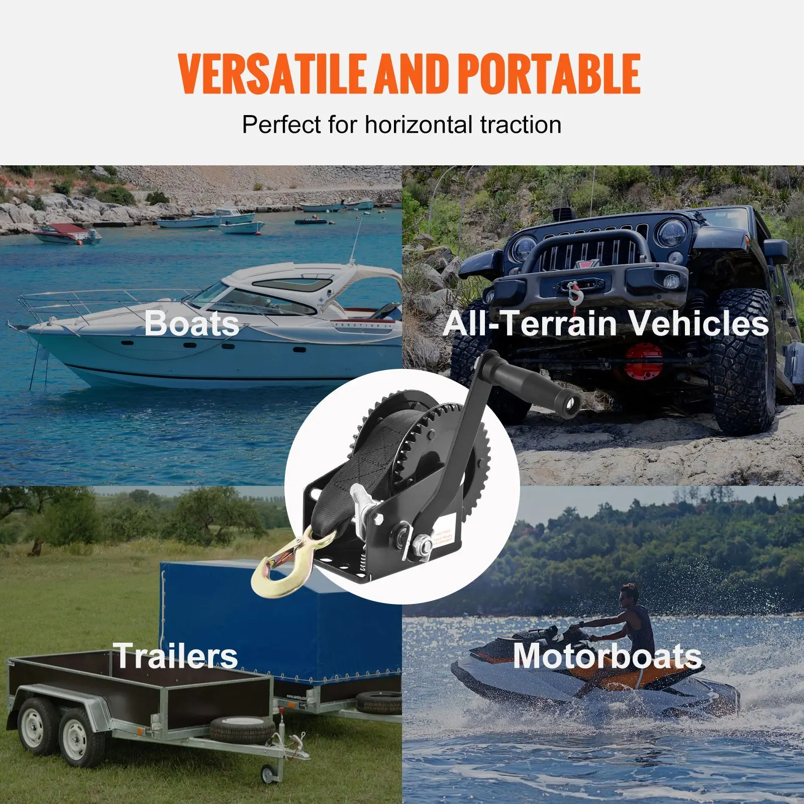 Hand Winch, 2000 lbs Pulling Capacity, Boat Trailer Winch Heavy Duty Rope Crank with 23 ft Polyester Strap and Two-Way Ratchet, Manual Operated Hand Crank Winch for Trailer, Boat or ATV Towing