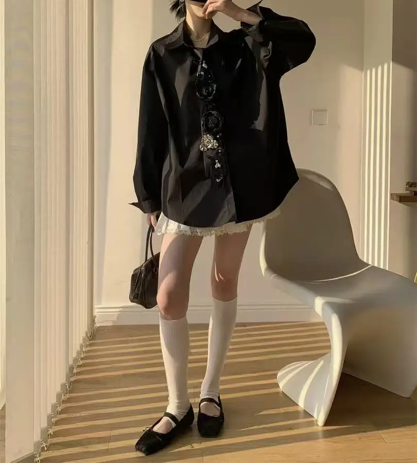 Luxury Diamonds Tie Cotton Blouses Shirts for Women 2026 Spring Summer Autumn Trend Long Sleeve Black White Top Woman Clothes image 5
