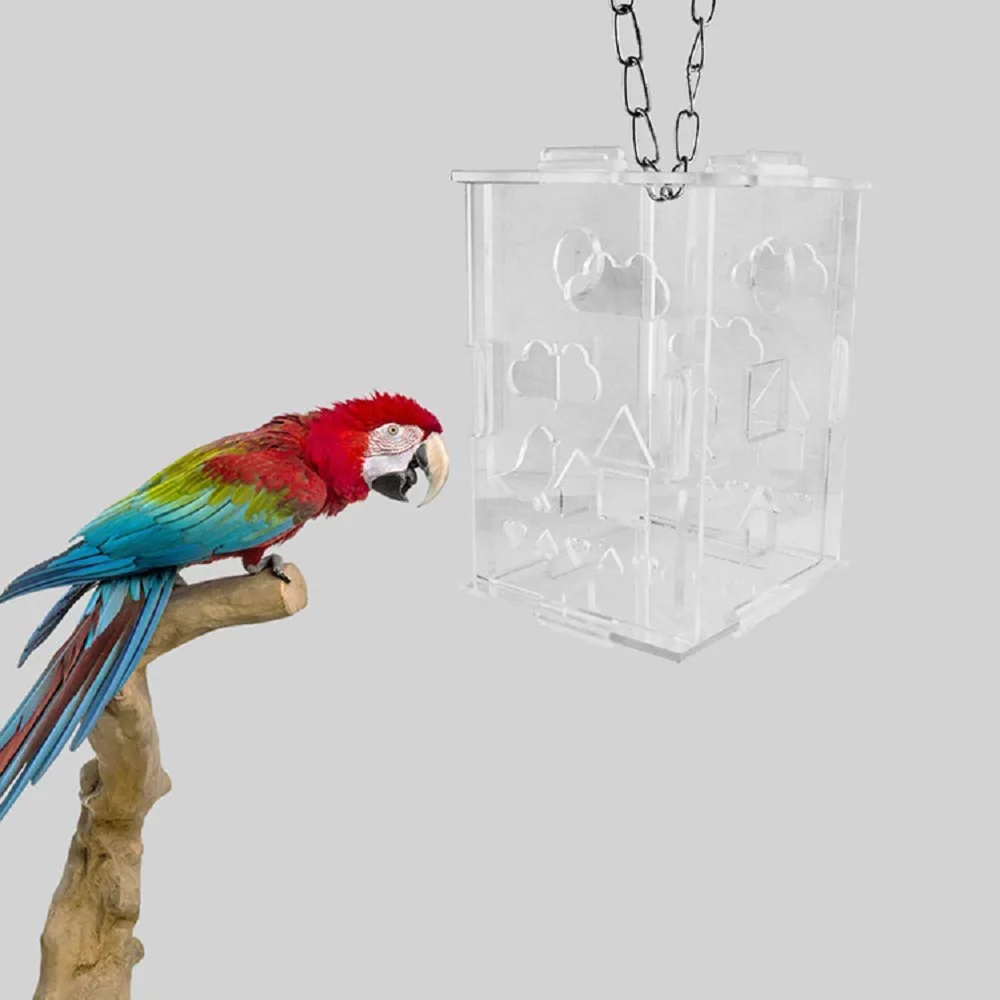 Funny Transparent Acrylic Bird Parrot Hanging Foraging Feeder Feeding Box Educational Toy for Budgies Parakeet Cockatoo