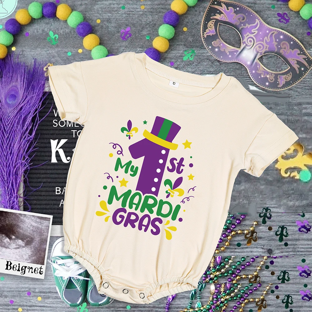 My First Mardi Gras Printed Baby Bubble Romper It's Mardi Gras Yall Infant Large Outfit Carnival Romper Newborn Holiday Bodysuit