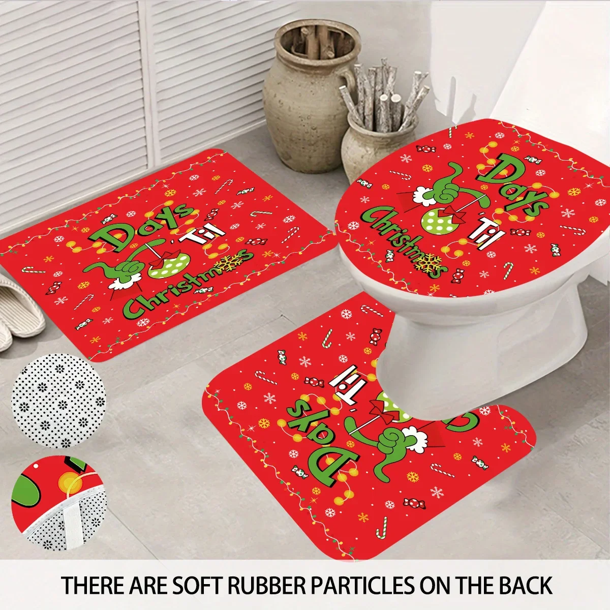 4pcs Merry Christmas cartoon Red Printed Bathroom Set 180x180 Waterproof Shower Curtain, Floor Mat, Toilet Mat U-Shaped Pad