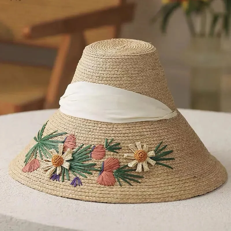 YISON 2026 Designer Customized Oversized Handmade Embroidered Flower Hat Raffia Grass Women Fisherman Fashion Bucket Beach Hats