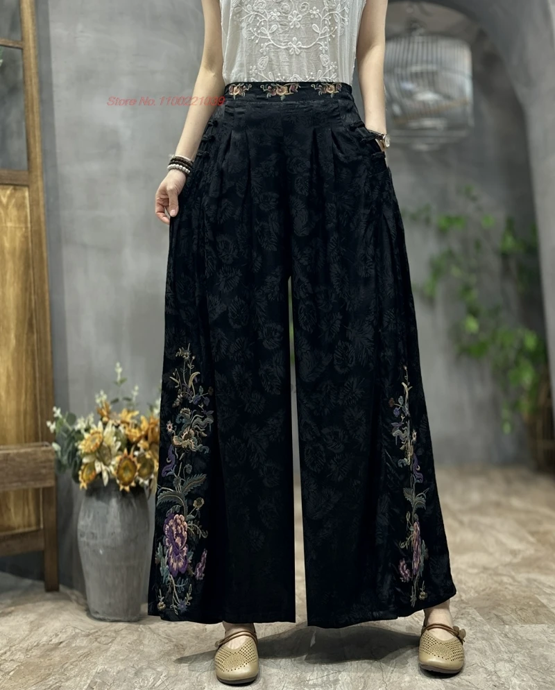 2025 chinese vintage folk pants satin jacquard trousers women national flower embroidery ethnic elastic waist wide leg trousers