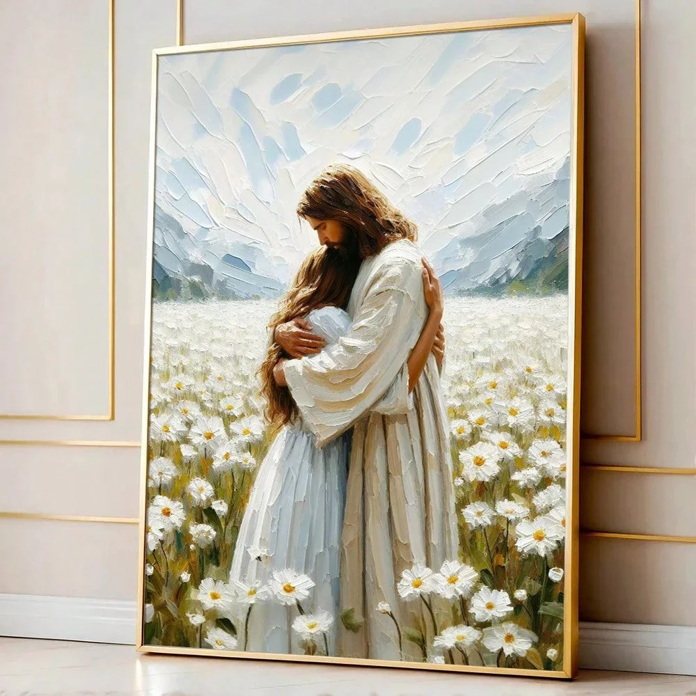 1pc Jesus Hugs Girl Canvas Painting Poster Bible Christian Art Aesthetic Simple Wall Art Devout Believer Gift Home Decoration
