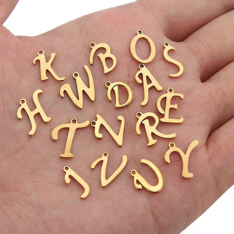 10pcs PVD Never Fade Stainless Steel Letter Alphabet Charms Bulk Gold Color Charms Pendant for Necklace Bracelet Jewelry Making