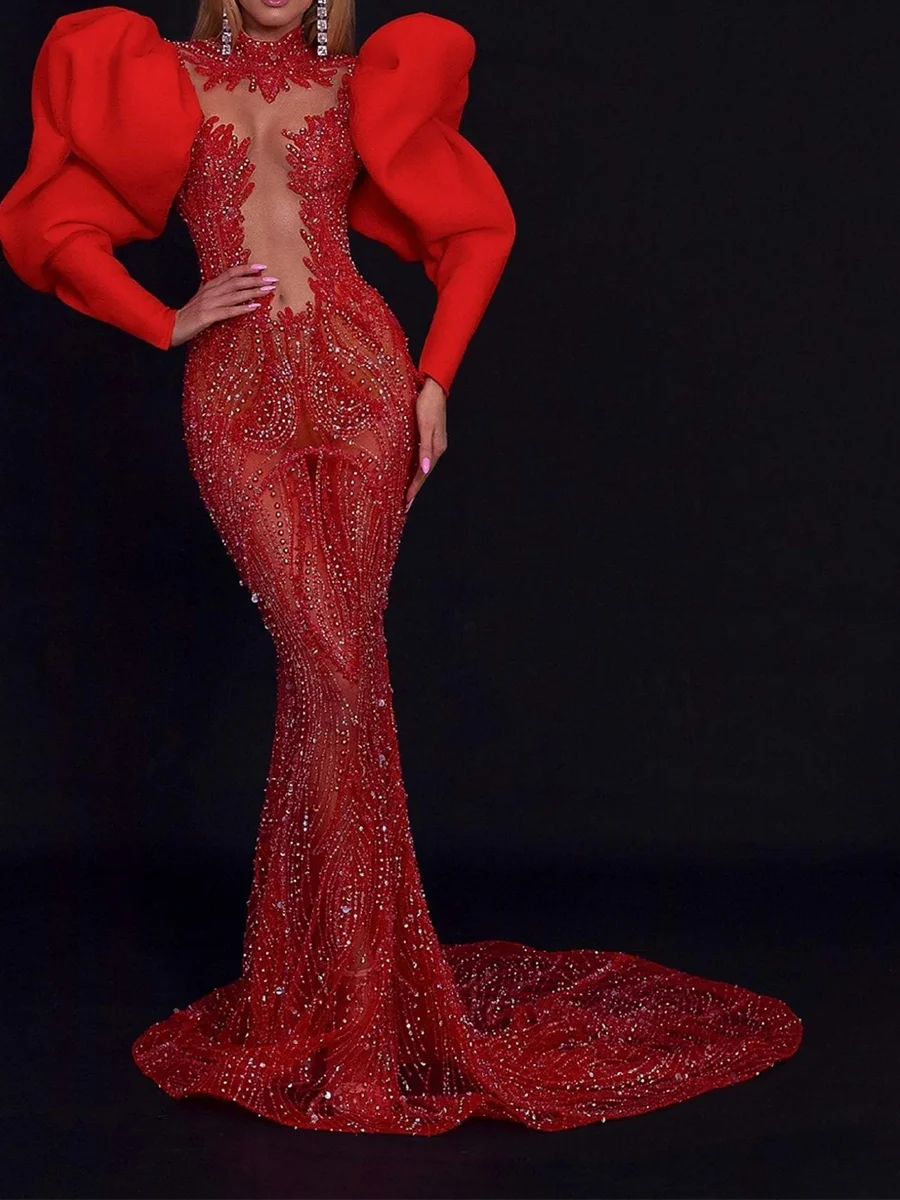 

Изысканный высокий воротник из бисера с блестками и нерегулярными рукавами Русалка Вечерние платья День рождения Пром платья по индивидуальному заказу