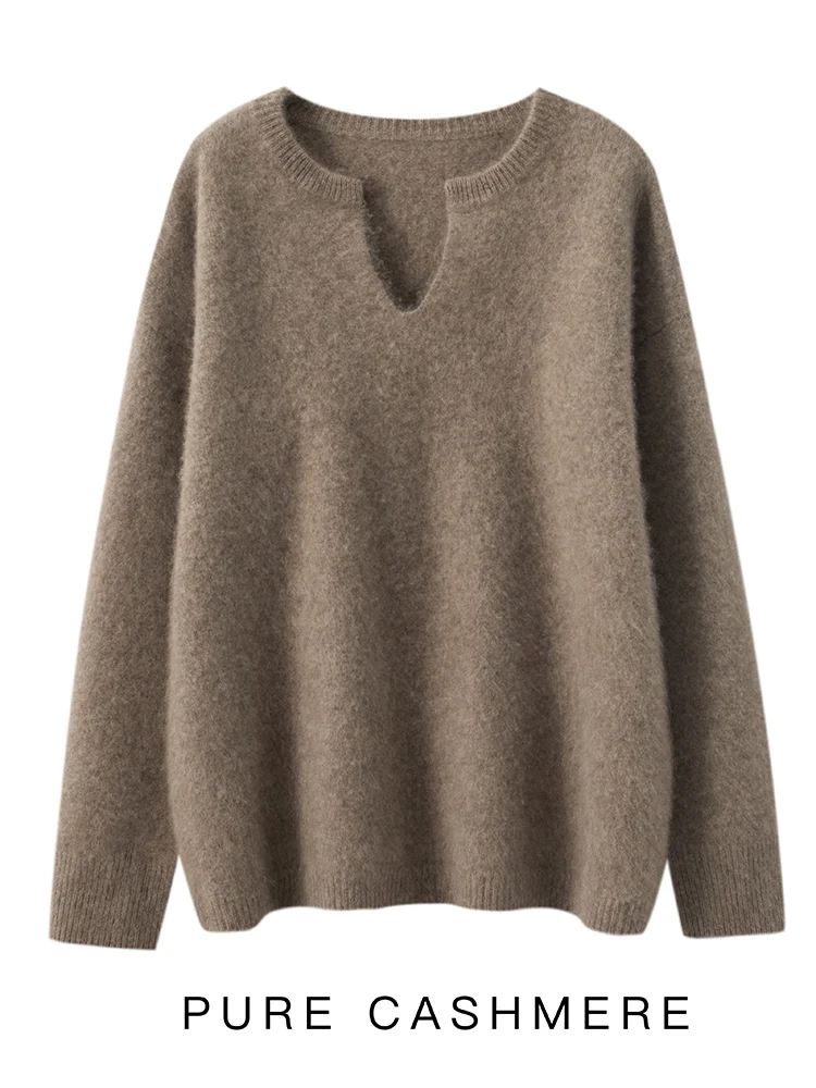 

Autumn Winter 100% Cashmere Sweater Women's V-neck Pullover Office Lady Tops Knitwear Fashion Solid Soft Fluffy Texture Clothing