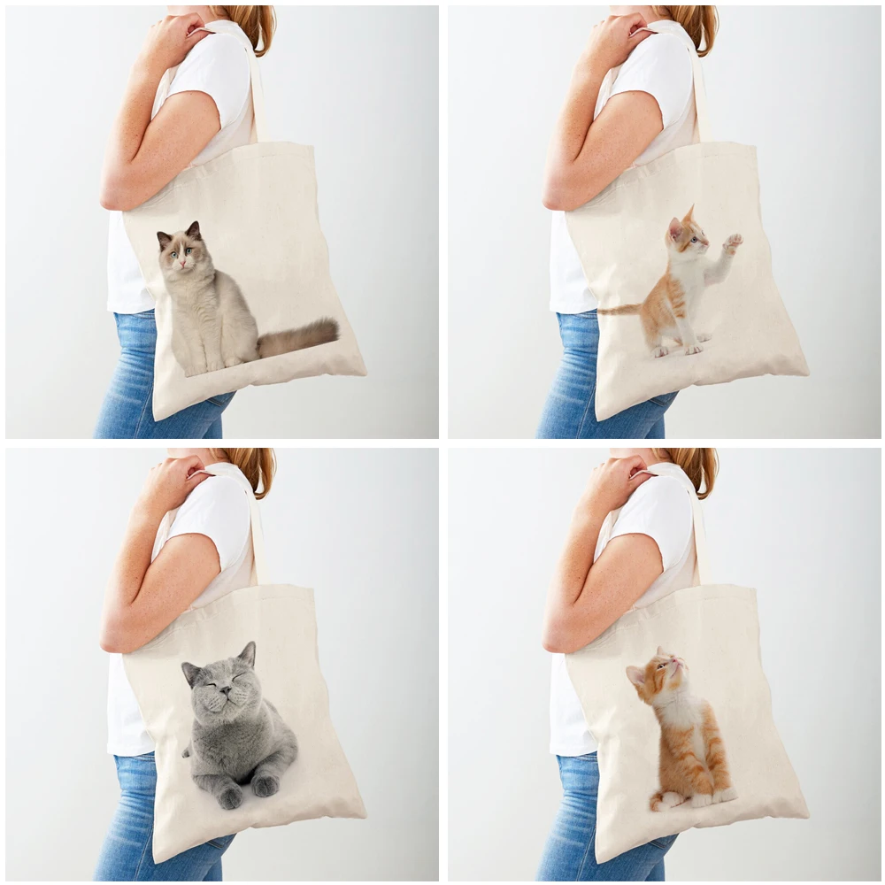 Casual Pet Cat Lady Shopping Bag Both Sided Print Reusable Canvas Fashion Wild Animal Travel Tote Handbag for Women Shopper Bags