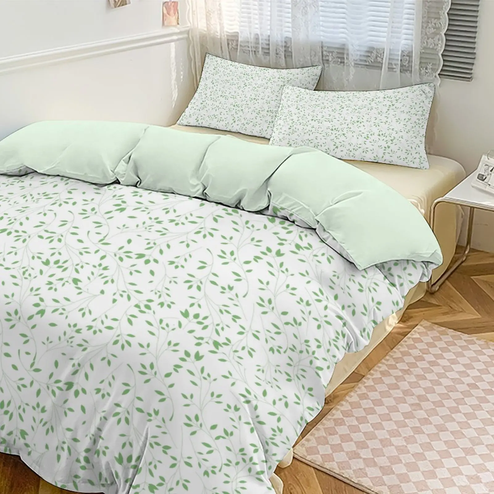 

Fresh Green Leaf Print Bedding Set, Soft Skin - Friendly Fabric, Duvet Cover + Pillowcases