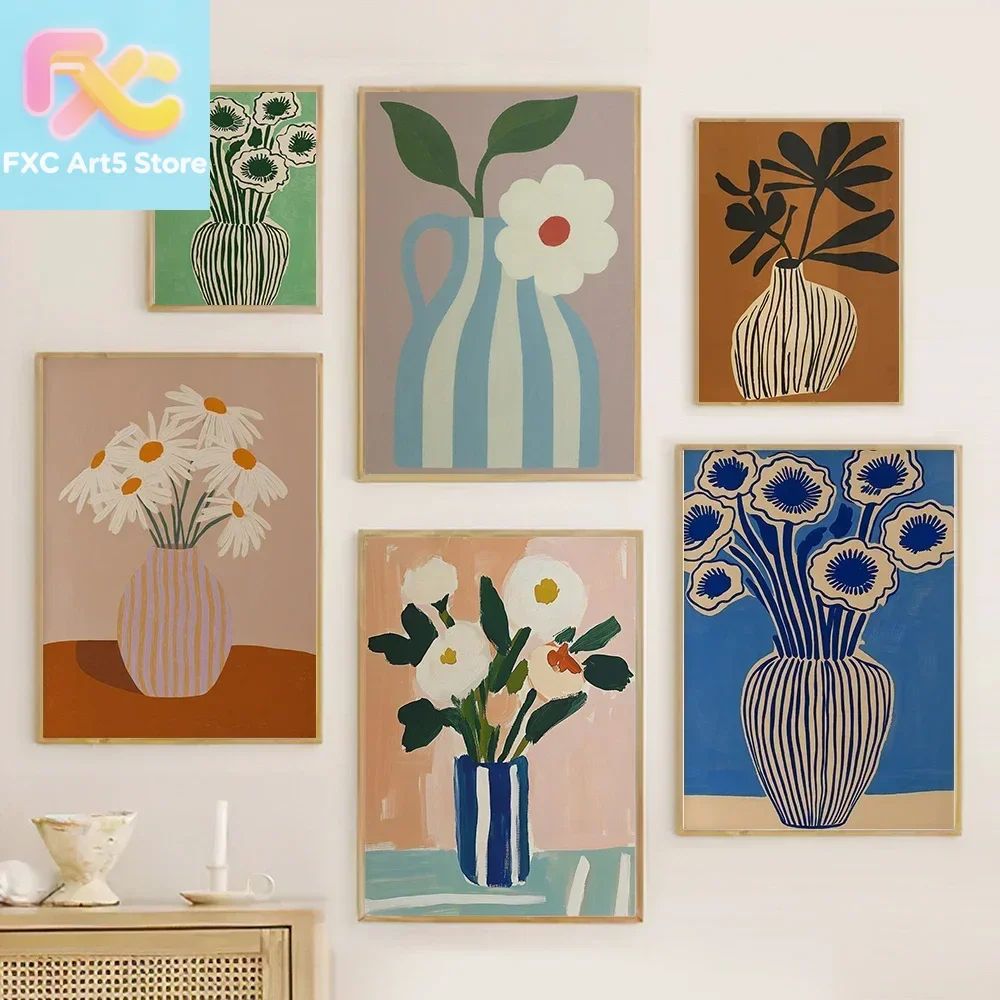 1pc frameless Botanical Blue Floral Art Print Abstract Daisy Poppy Striped Jug Flower Vase Wall Decor Minimalist Modern Home Liv