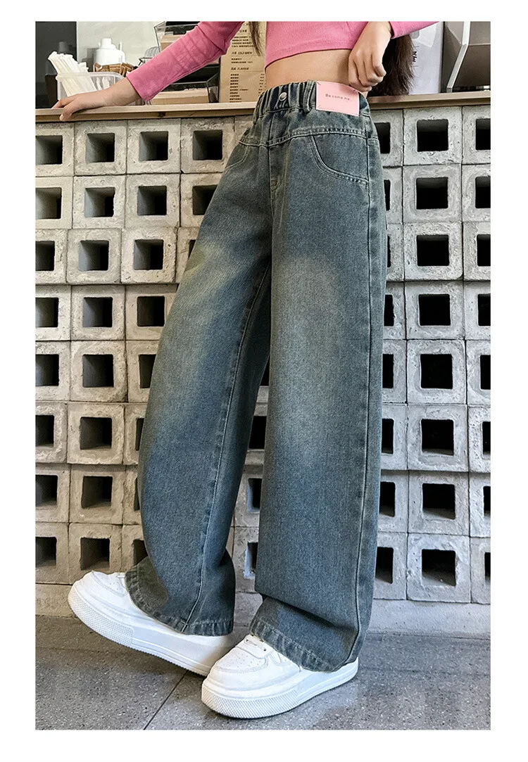 5-14 Jahre Frühling Herbst Mädchen-Jeans, modische Retro- und Vintage-Hose mit fünfzackigem Sternmuster und Stickerei, weit geschnittene Hose für Teenager-Mädchen – Detail 20