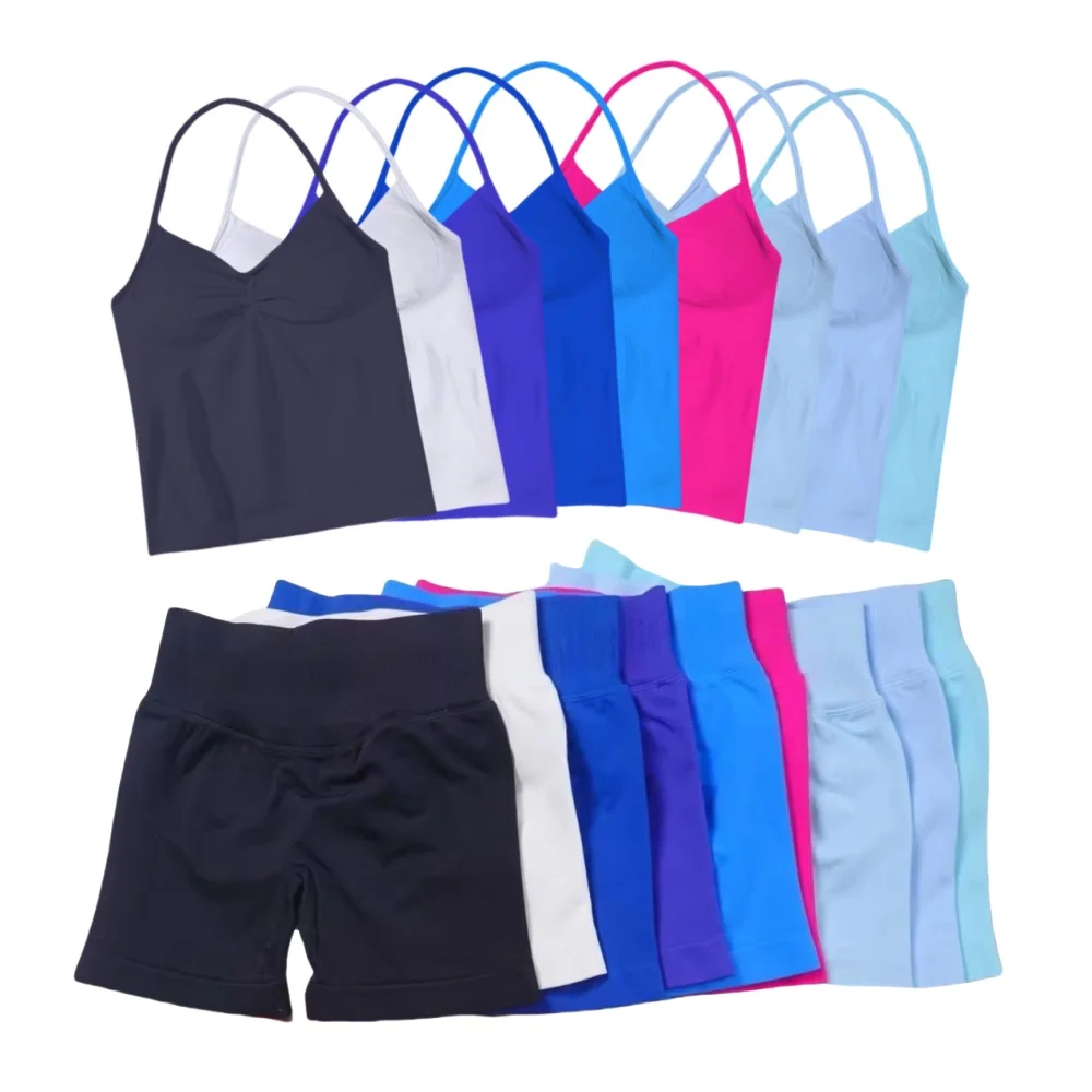 

2Pcs Yoga Set Women Seamless Strappy Vest&Shorts Against Resistance Padded Halter Tank Scrunch Butt Lifting Gym Shorts Set