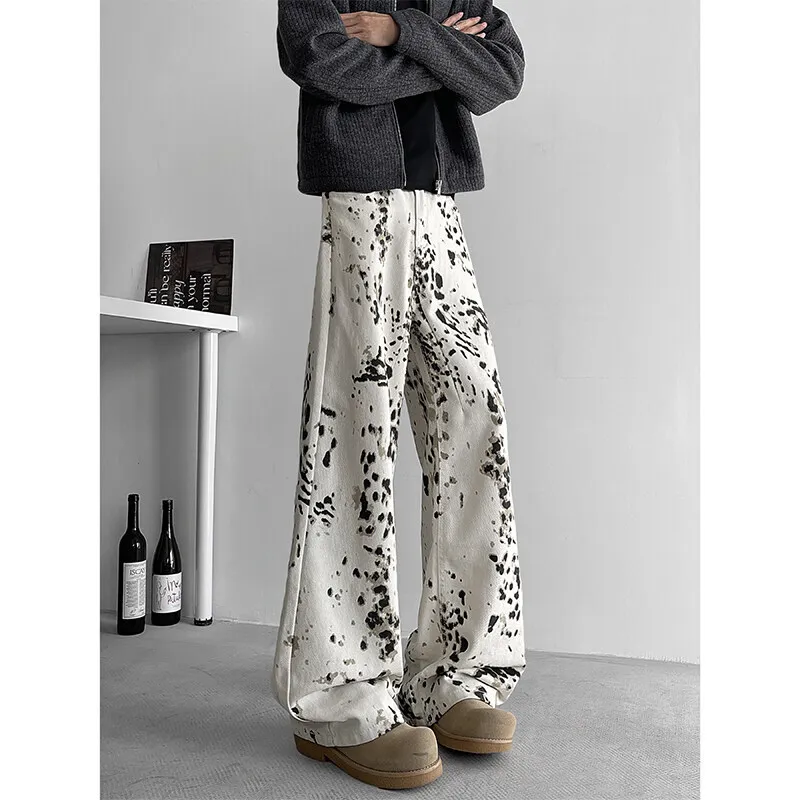 Baggy Beige Jeans Men Fashion Retro Leopard Print Jeans Men Streetwear Hip-hop Loose Wide Leg Jeans Mens Vintage Denim Pants