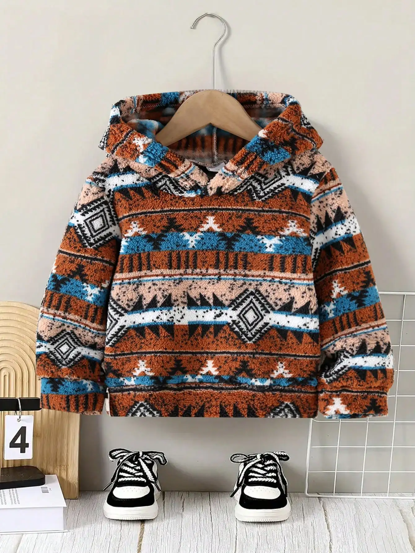 Young Boy Autumn/Winter Vintage Fair Isle Loose Thick Warm Hooded Sweatshirt, Casual Long Sleeve Pullover, Slightly Elastic, Autumn/Winter Fashion Sweatshirt  sk25063055515185719