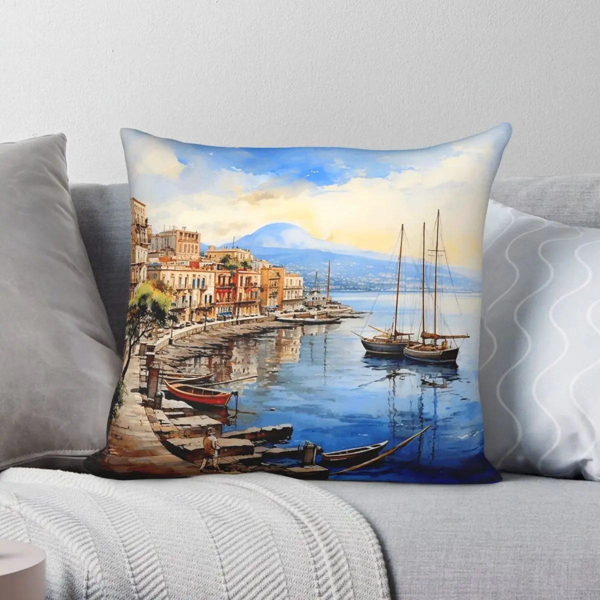 Watercolor Naples Italy Square Pillowcase Polyester Linen Velvet Pattern Zip Decorative Pillow Case Room Cushion Cover