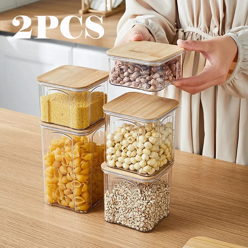 

2PCS PET Plastic Food Storage Container with Bamboo Lid Sealed Jar Noodle Box Multigrain Tank Bottle Dried Fruit Tea Storage Box