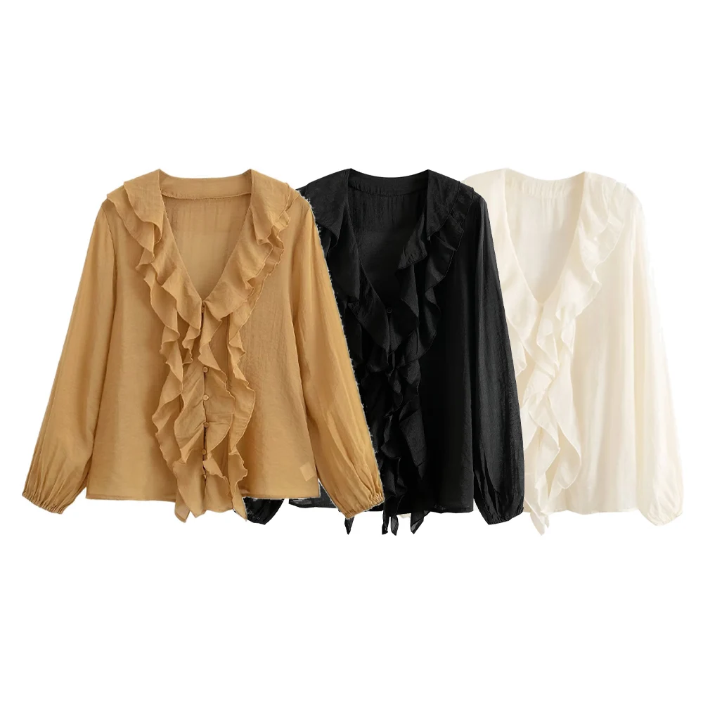 

UNIZERA women's casual loose layered decoration fluffy long sleeved V-neck temperament summer new shirt